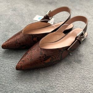 A New Day “Victoria” Brown Snake-Print Pointed Slingback Flats, SZ 7.5